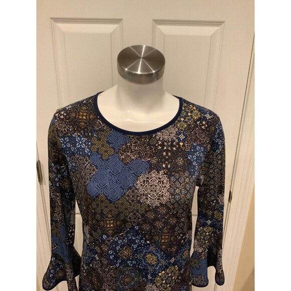 Michael Michael Kors Blue & Green Floral Print Flare Sleeve Dress, Size Medium - Picture 2 of 8